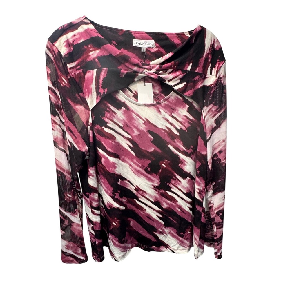 Calvin Klein Womens Abstract Twist Front Mesh Overlay Long Sleeve Top Berry L